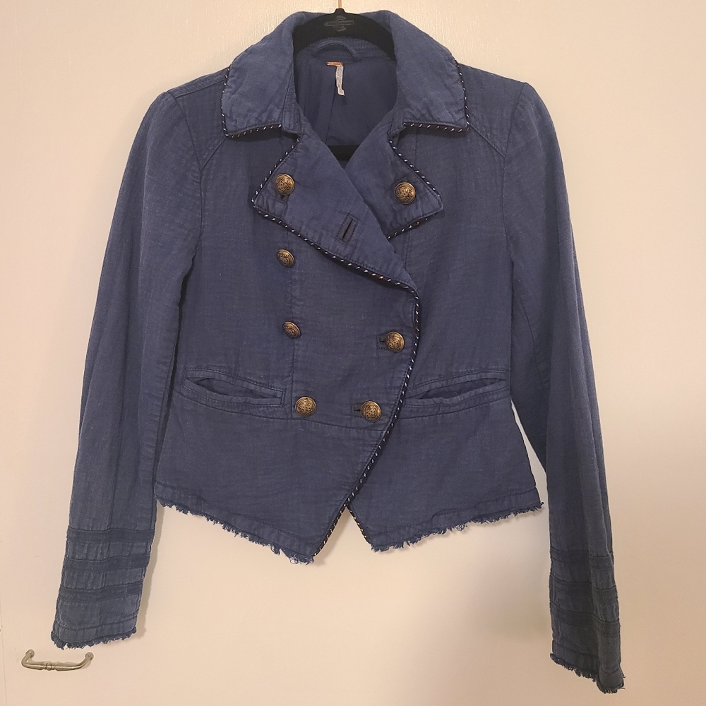 Free People Linen Blend Deep Blue Military Cadet Jacket Bronze Button Front XS